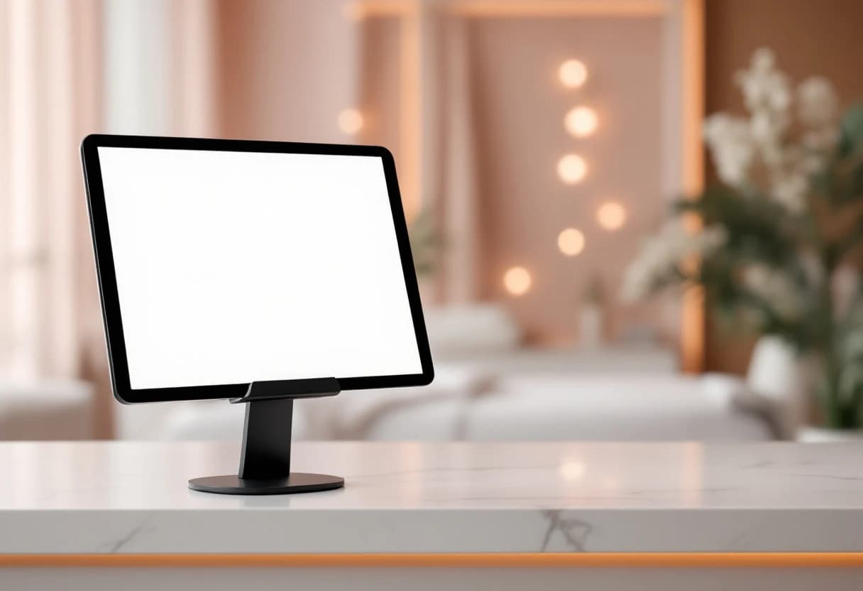 Czysty blat recepcji z tabletem na podstawce