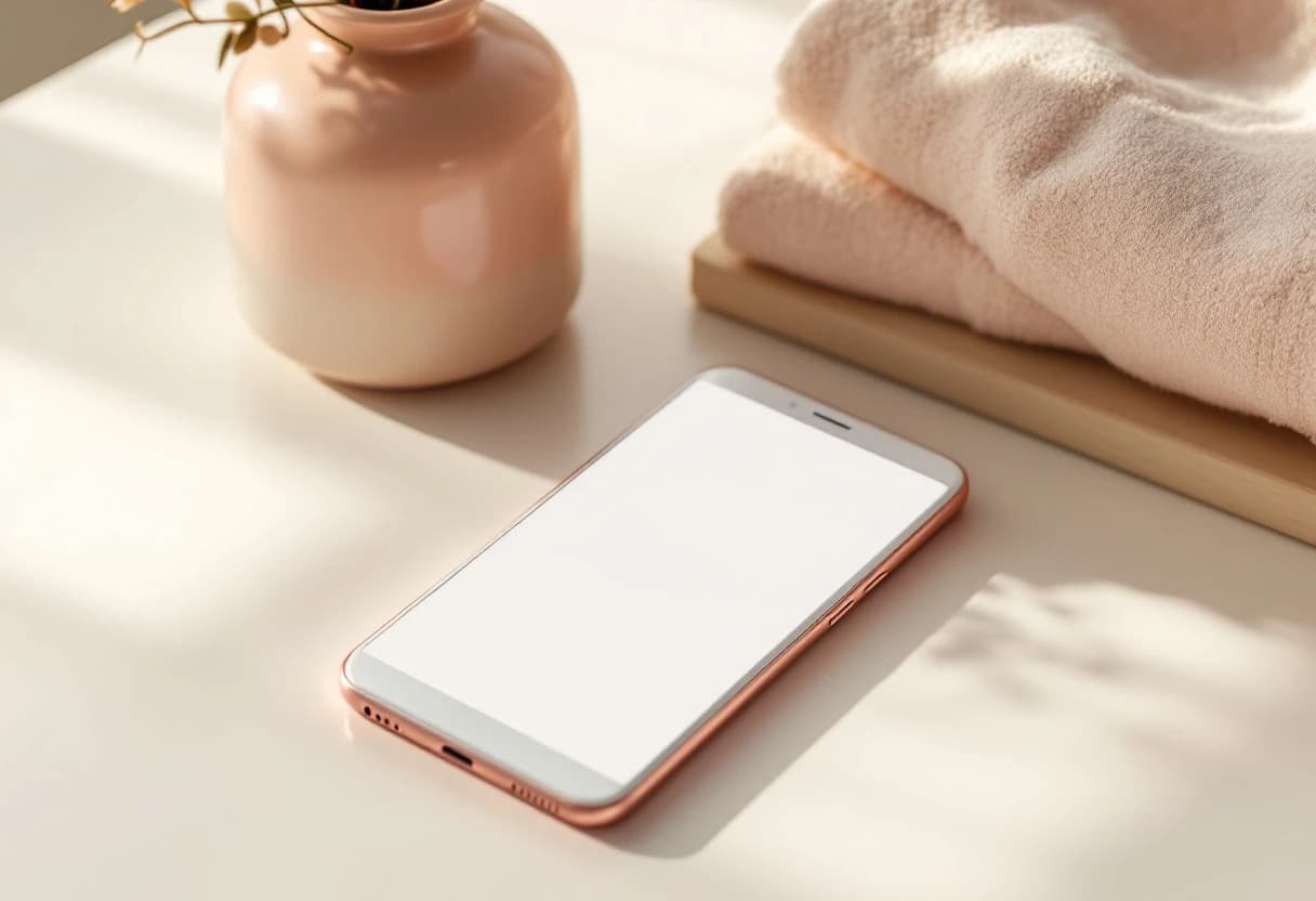 Smartfon z pustym ekranem obok wazonu i złożonych ręczników