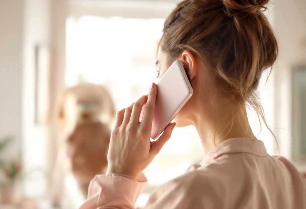 Dłoń trzymająca telefon przy uchu, kadr od tyłu