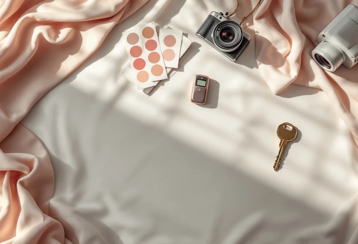 Flat lay dodatków: klucz, próbnik kolorów, dyktafon, aparat i notes