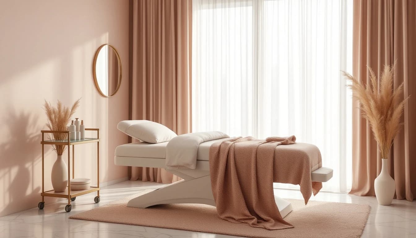 Przestrzeń gabinetu beauty w ciepłym, profesjonalnym świetle