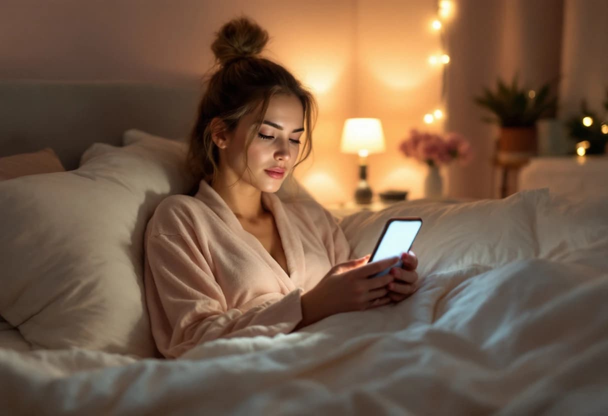 Kobieta wieczorem w łóżku, przewijająca telefon — prywatny czas zajęty pracą